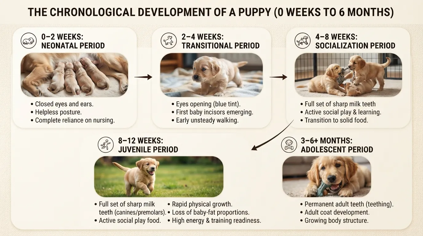 Comprehensive puppy age determination chart displaying teeth development, eyes opening, coat changes, and physical milestones from birth to 1 year.