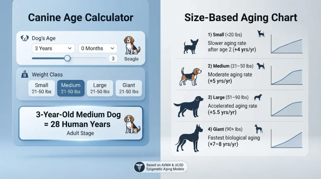 Infographic chart explaining dog years to human years conversion by weight class, showing life stages from puppy to senior.