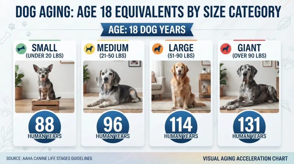 Comparative chart converting 18 dog years to human years across small, medium, large, and giant dog breeds.
