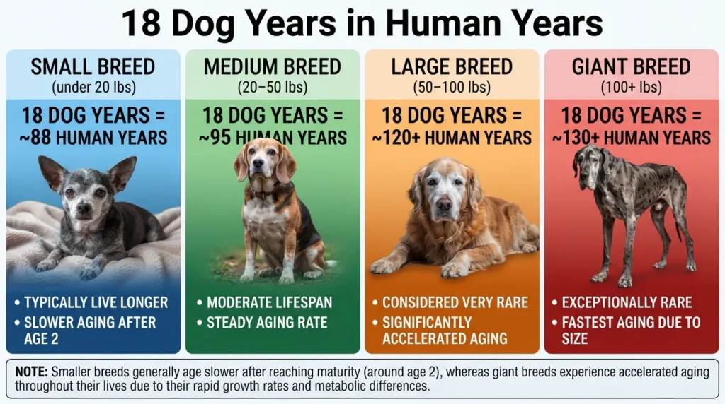 A detailed comparison chart showing how 18 dog years convert to human years across small, medium, large, and giant dog breeds.