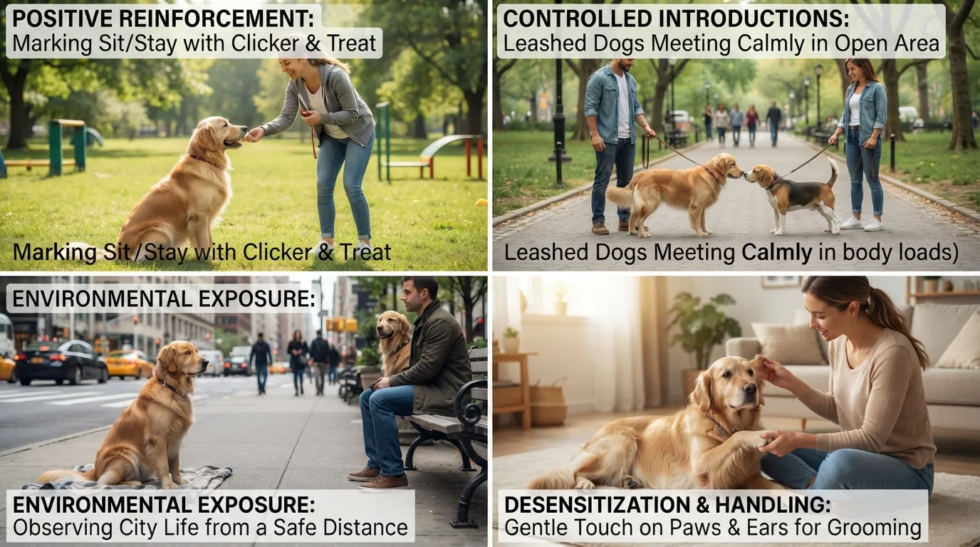 Visual guide illustrating four key dog training and socialization techniques including positive reinforcement, calm pet introductions, and environmental exposure.