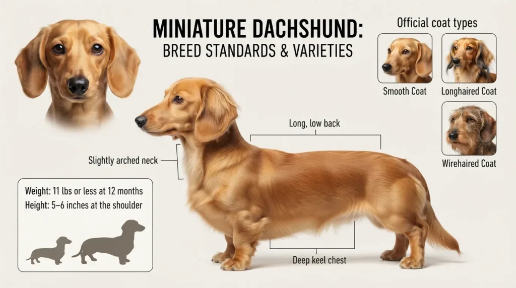 A detailed anatomical visual guide showing a golden miniature dachshund's coat types, adult weight range, distinct long body, and facial features.