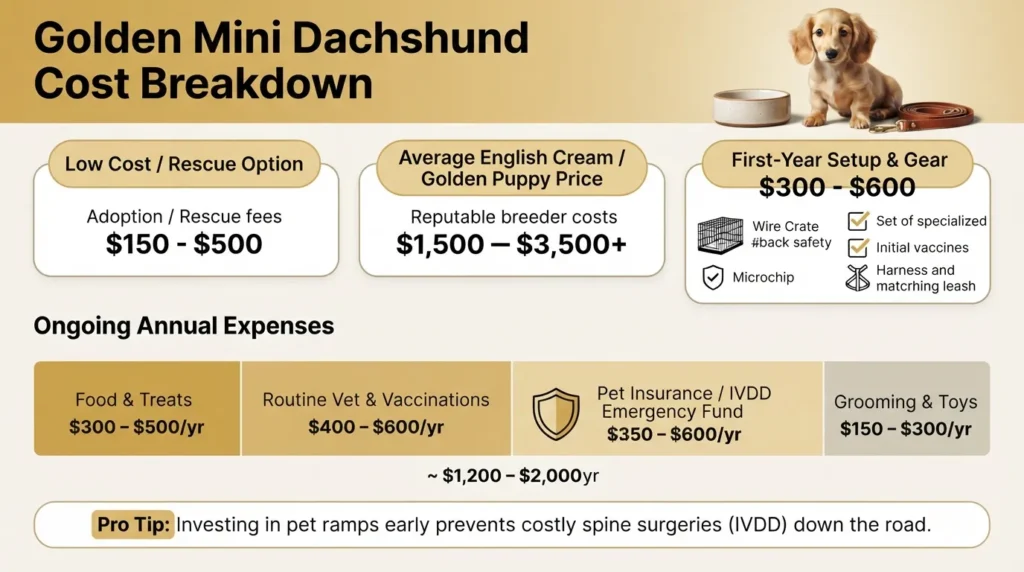 Infographic showing the average purchase price range for a Golden Mini Dachshund from breeders versus adoption, along with an initial setup budget and annual cost breakdown.