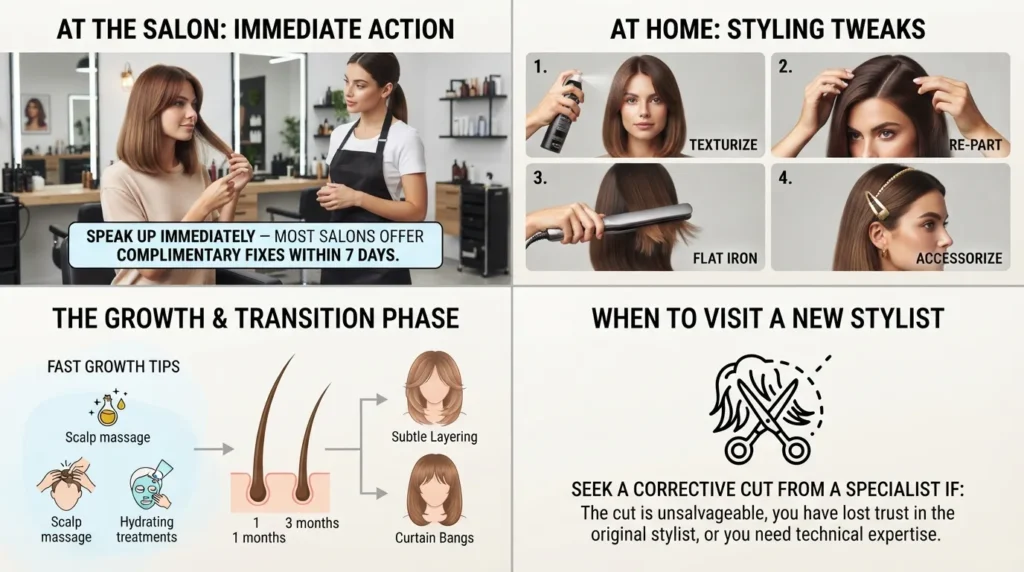Infographic displaying four actionable steps to handle a bad haircut, including polite communication with the stylist, styling adjustments, home remedies, and repair options.