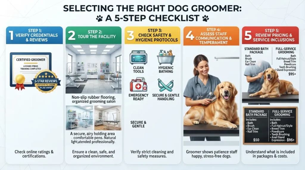 Infographic showing key steps to choose a professional dog groomer, including checking facility cleanliness, verifying certifications, reviewing safety equipment, and observing handler patience.
