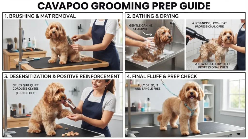A step-by-step visual guide showing a Cavapoo being brushed, bathed, dried, and acclimated to clippers before a professional haircut.
