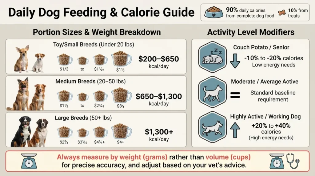 Clean infographic displaying ideal daily dog food portion sizes and calorie calculations categorized by dog weight and daily activity level.