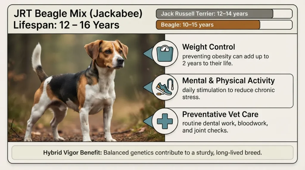 An informative chart detailing the 12 to 16 year average lifespan of a JRT Beagle mix alongside key health factors including weight management and exercise.