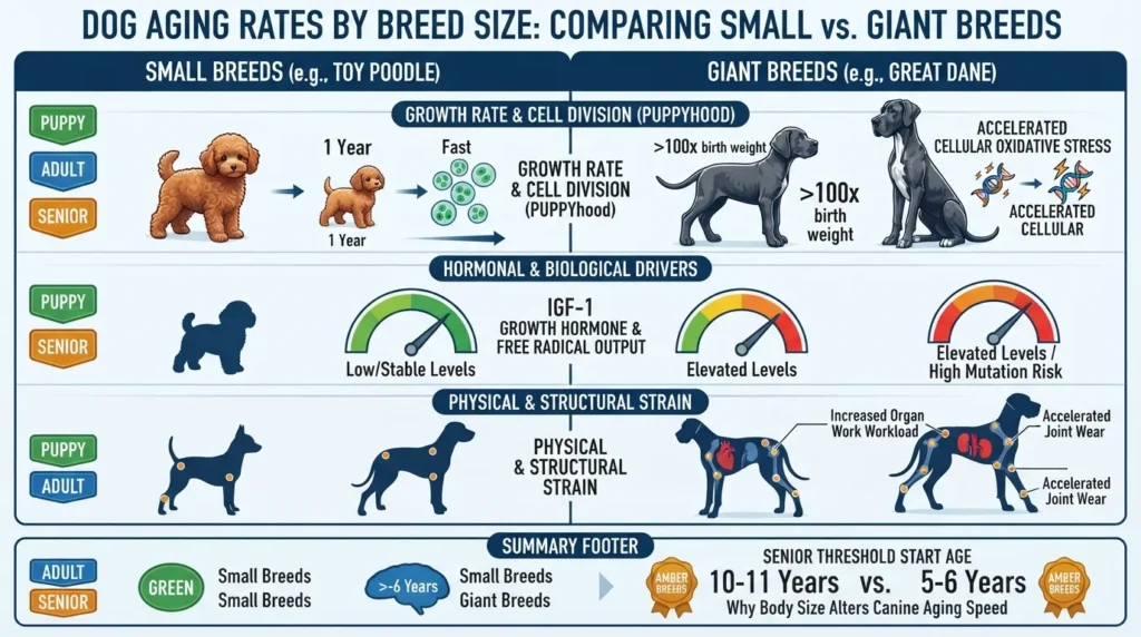 Infographic comparing cellular aging, IGF-1 hormone levels, and structural wear between small and giant dog breeds.