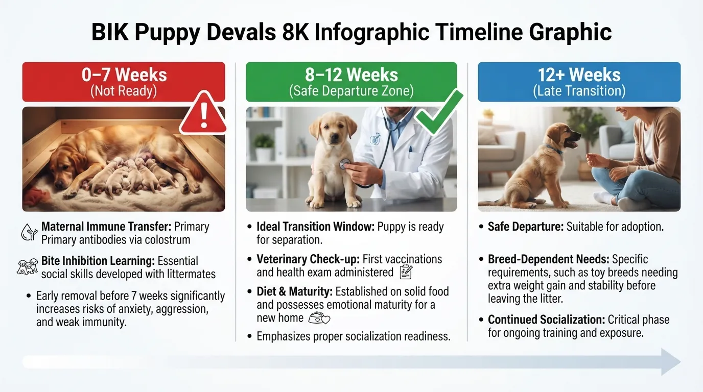 Infographic showing puppy developmental stages from 0 to 12 weeks, highlighting 8 to 12 weeks as the ideal age range to safely separate a puppy from its mother and littermates.