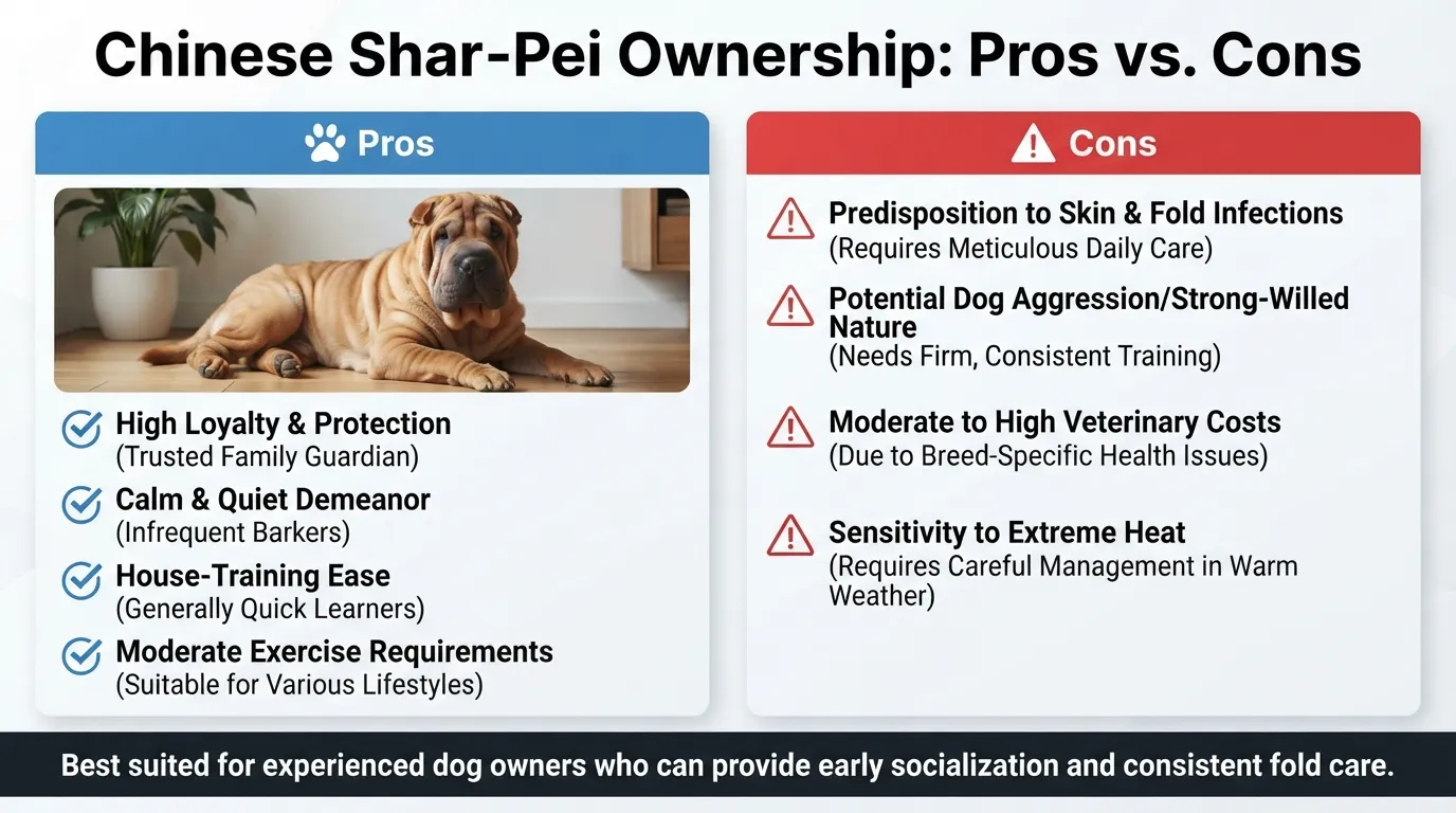 Side-by-side visual chart comparing the pros and cons of owning a Chinese Shar-Pei dog, detailing traits like loyalty and minimal barking against health concerns and grooming needs.