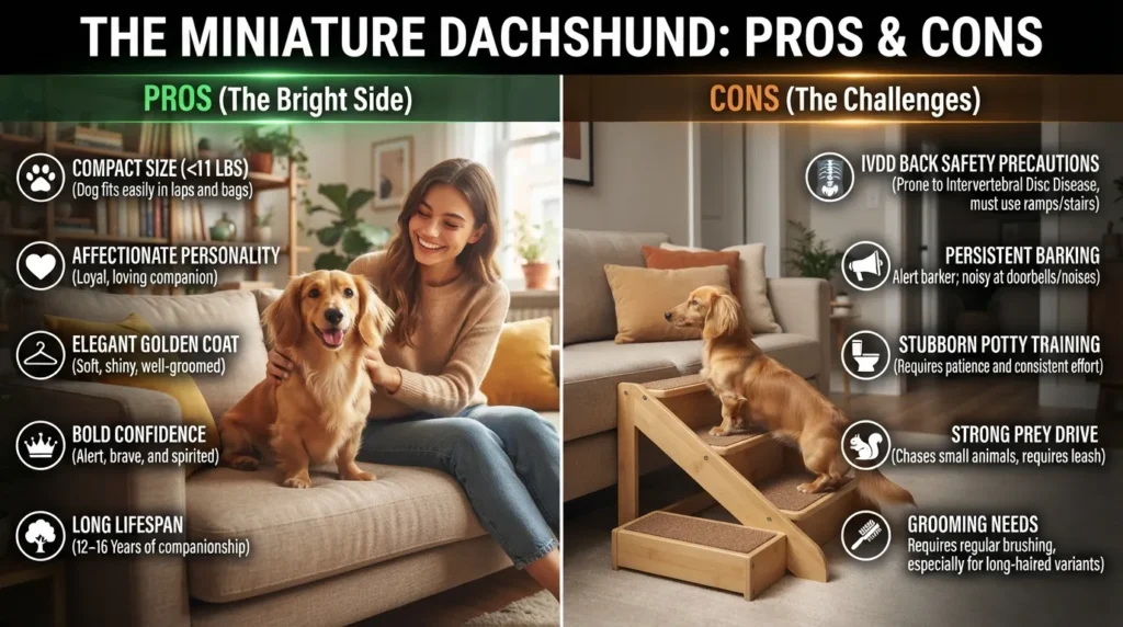 Infographic side-by-side comparison of the pros and cons of owning a golden miniature dachshund dog.