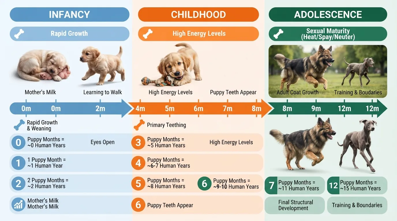 A detailed puppy age in human years chart showing the rapid growth and equivalent human age of puppies from 1 month to 1 year old.
