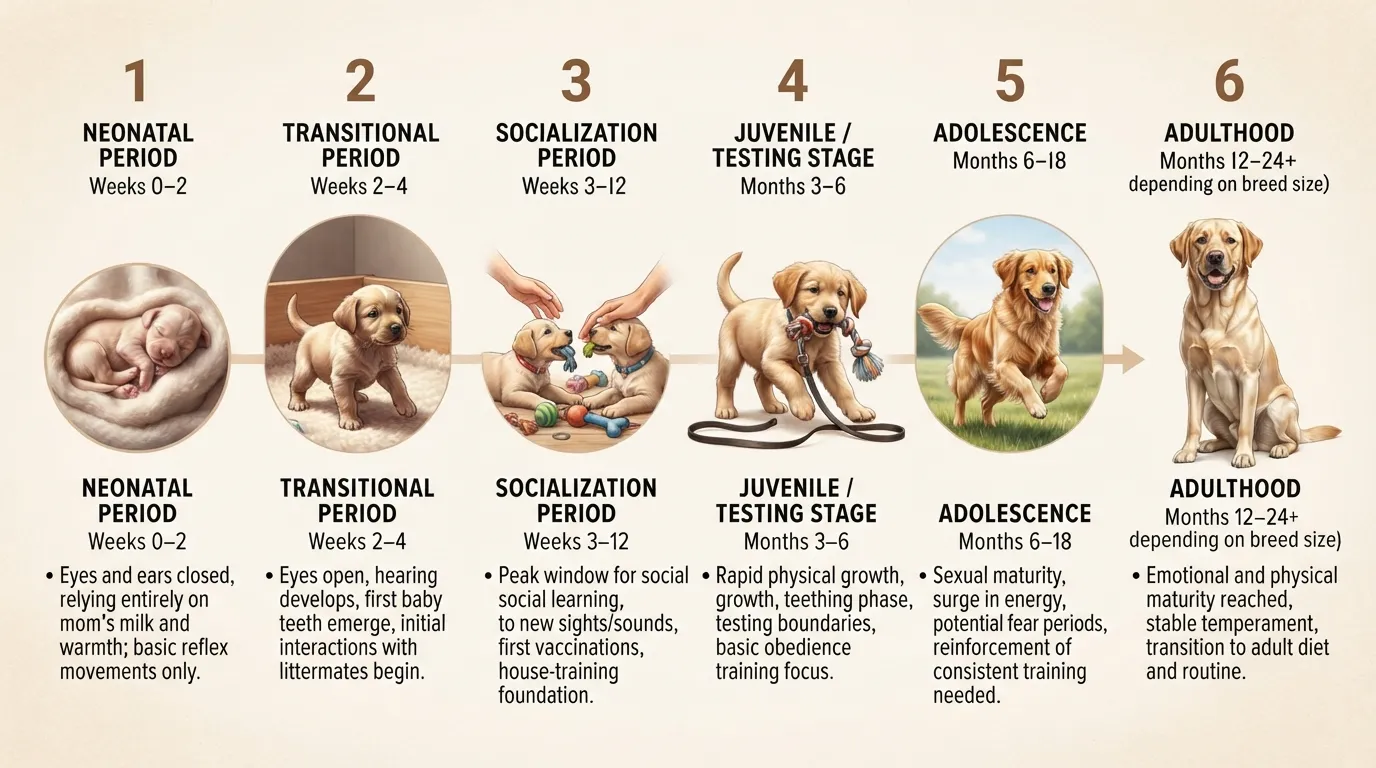 A complete timeline infographic showing puppy development stages by age, detailing physical, behavioral, and care milestones from birth through adulthood.