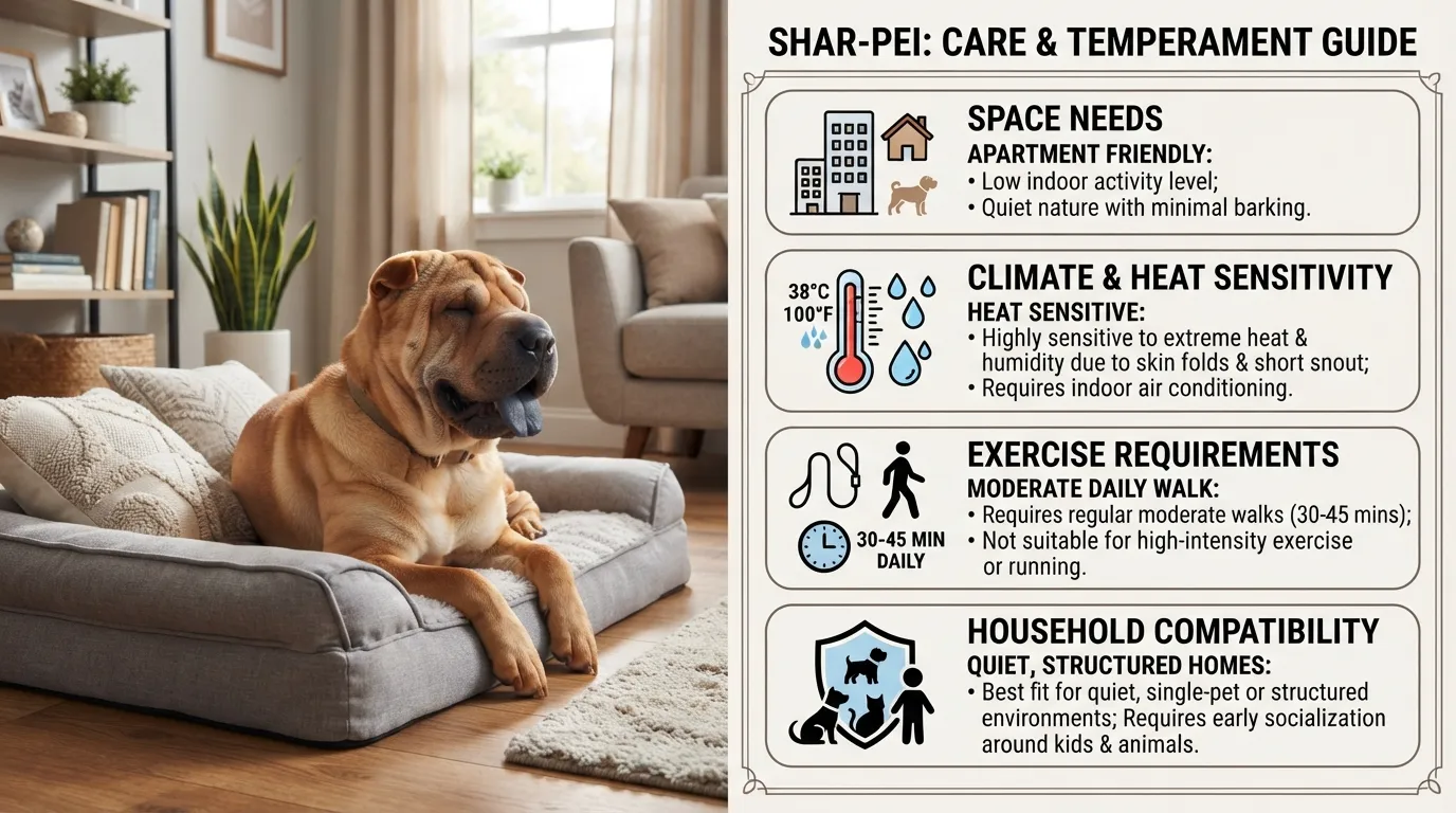 A wrinkly Shar-Pei relaxing comfortably indoors next to key living requirement icons for space, climate control, and exercise needs.