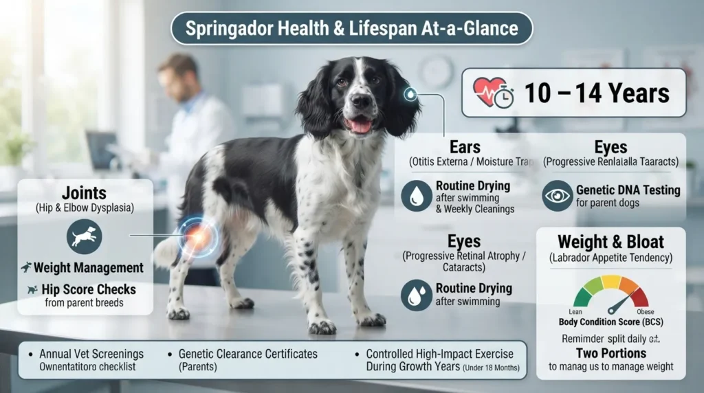 An adult Springador dog sitting next to a visual health breakdown displaying a 10–14 year average lifespan, inherited parent genetics, and key medical checkups including hip screening, ear care, and eye exams.