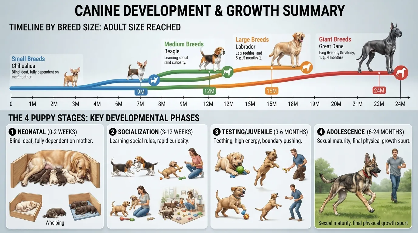 Infographic chart displaying dog age development stages from birth to adult, highlighting when a dog is considered a puppy based on breed size.