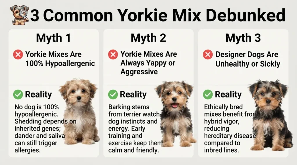 Infographic debunking 3 common Yorkie mix myths: clarifying hypoallergenic coat realities, explaining terrier barking behavior, and highlighting health hybrid vigor.