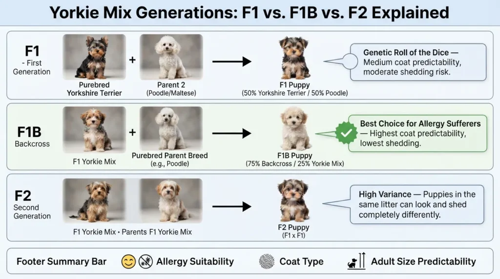 Comparison chart explaining Yorkie mix dog generations showing F1 F1B and F2 genetic lineage diagrams with coat predictable traits and shedding levels