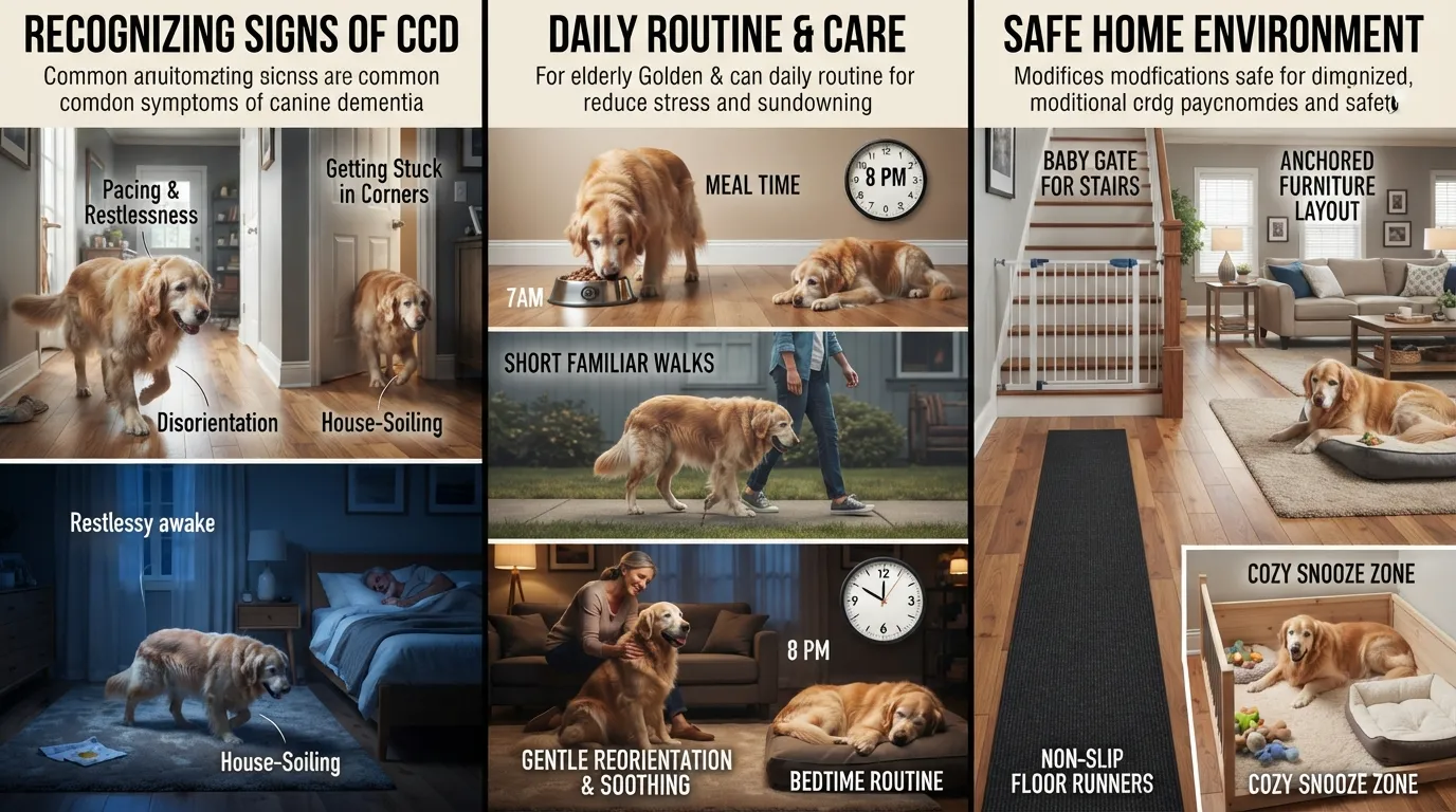 An infographic illustrating key care strategies for a senior dog with dementia, including recognizing cognitive signs, maintaining daily routines, and setting up a safe, low-stress home environment.