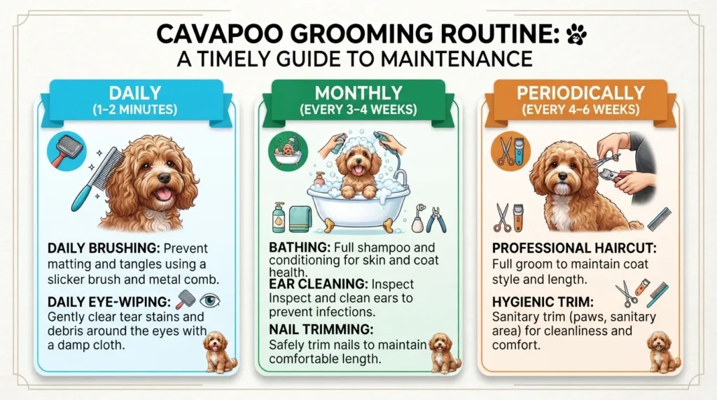A comprehensive grooming schedule infographic for Cavapoos showing daily brushing, monthly bathing, and professional grooming timelines.