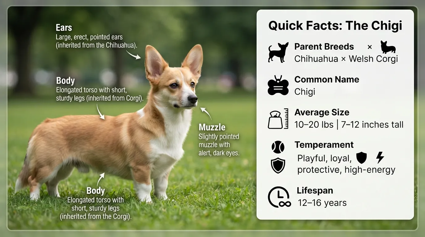 A fully grown Chihuahua Corgi mix (Chigi) standing outdoors, highlighting its short Corgi legs, large pointed Chihuahua ears, and sturdy body.