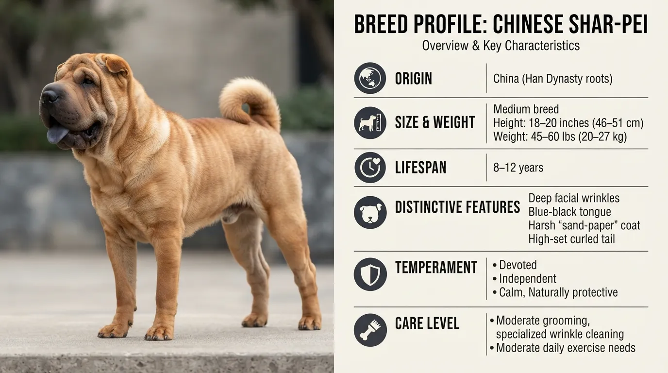 Infographic overview of the Chinese Shar-Pei showing key traits including size, lifespan, origin, characteristic wrinkles, and temperament.