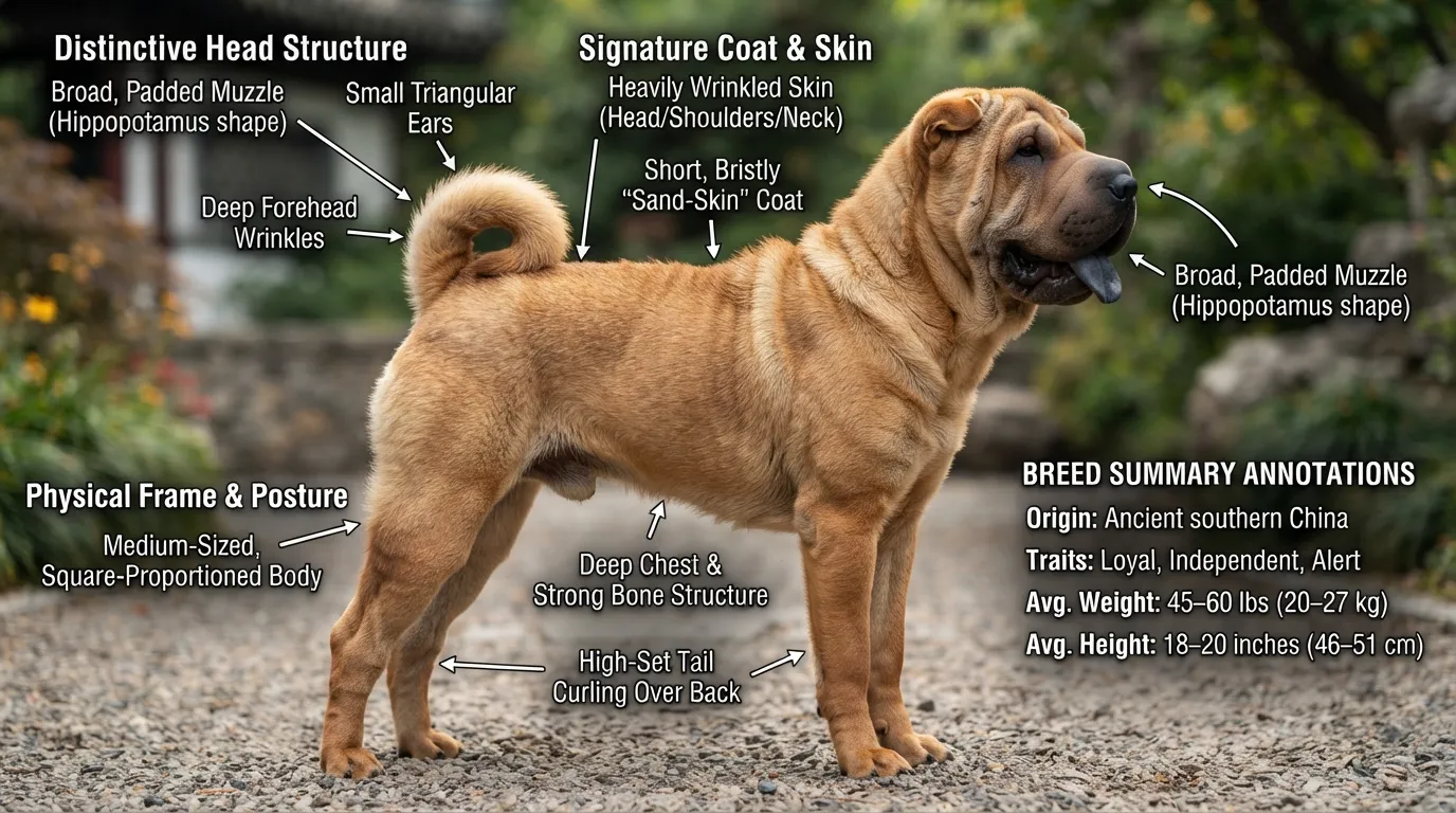 Full-body side profile of an adult fawn Chinese Shar-Pei standing on grass, displaying deep facial wrinkles, small folded ears, a broad muzzle, and a high-set curled tail.