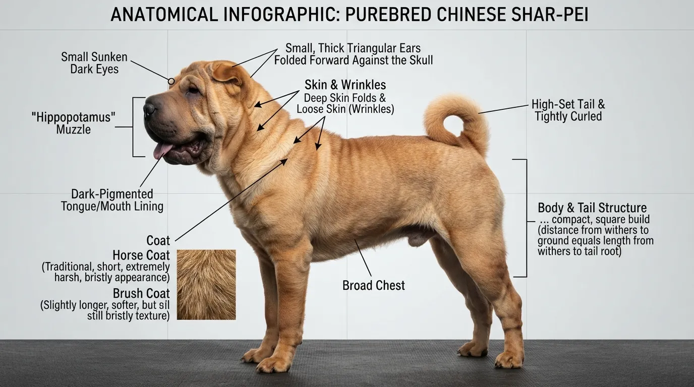 Infographic illustrating the physical characteristics of a Chinese Shar-Pei, showing distinct skin folds, a broad hippopotamus-shaped muzzle, small sunken eyes, and a high-set curled tail.