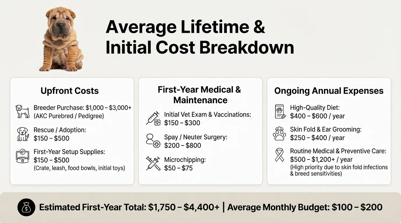 Chinese Shar-Pei price breakdown infographic showing initial puppy purchase costs, adoption fees, setup supplies, and annual ongoing expenses for food and vet care.