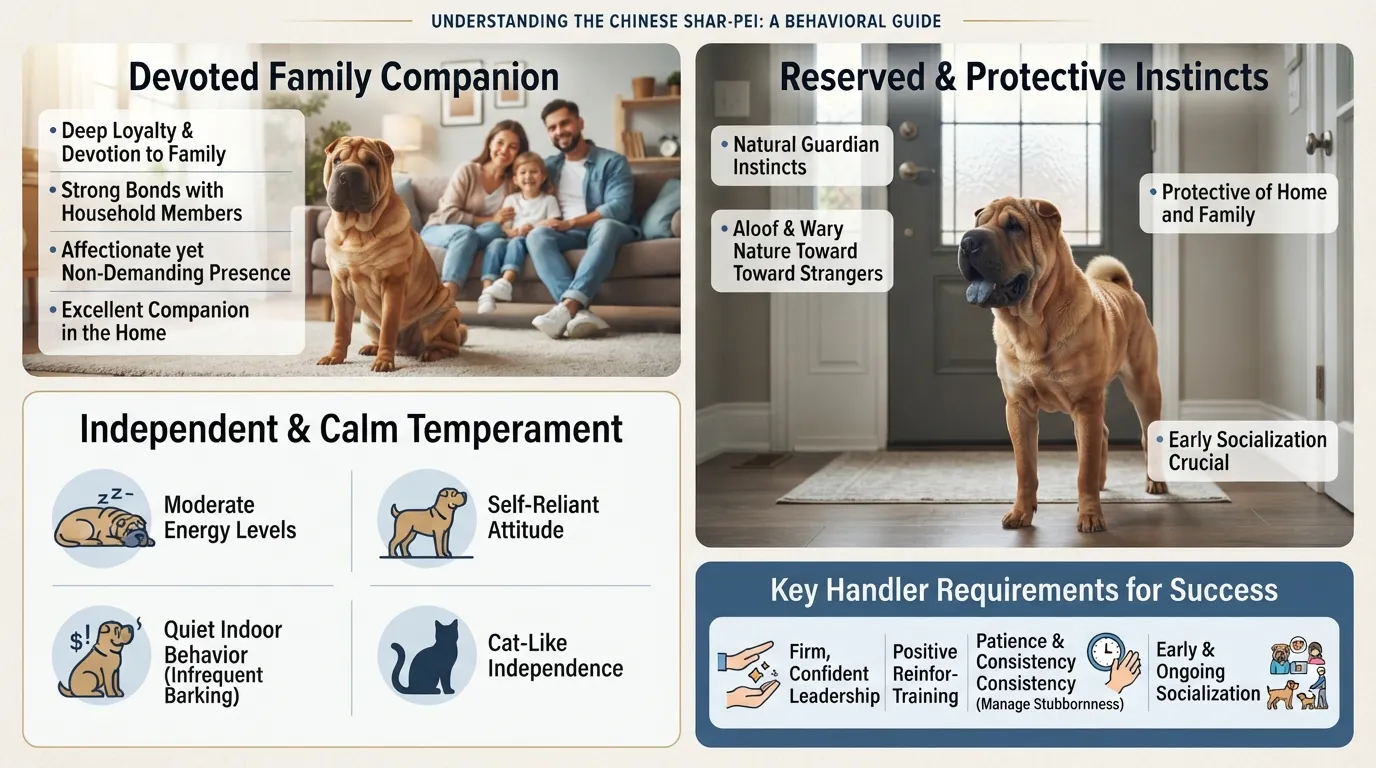 Infographic illustrating Chinese Shar-Pei temperament traits including loyalty, independence, protective instincts, and calm indoors behavior.
