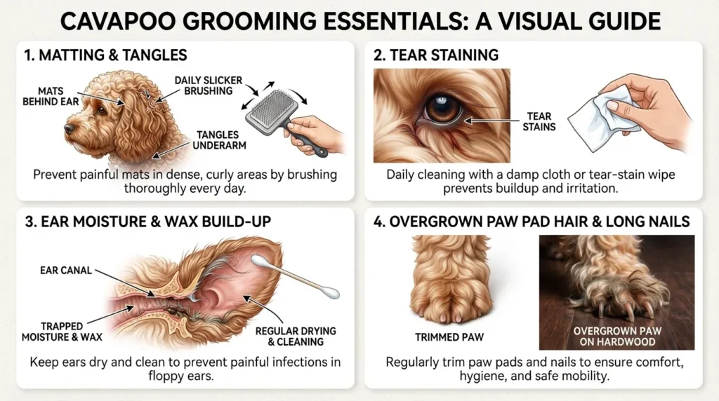 Infographic showing four common Cavapoo grooming problems: matting, tear stains, ear infection build-up, and overgrown paw pad hair with quick prevention tips for each.