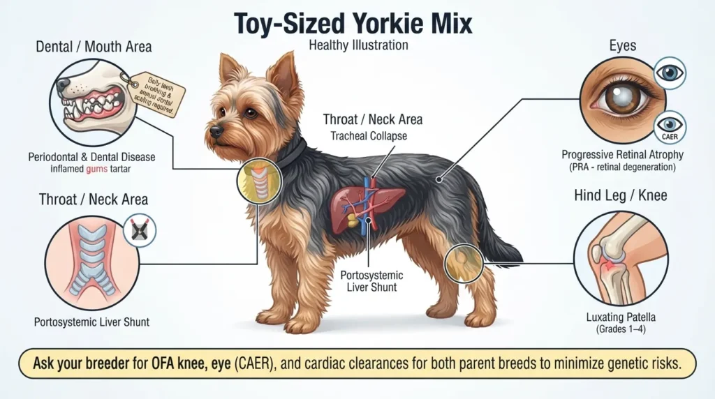 An anatomical medical infographic detailing five common health issues in Yorkie mix dogs, including periodontal disease, luxating patella, tracheal collapse, liver shunt, and eye conditions with preventive care tips.