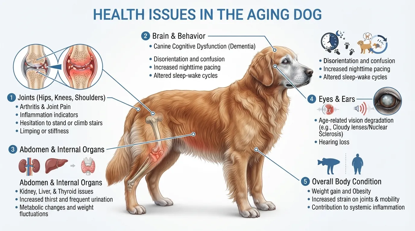An anatomical diagram of a senior dog highlighting the five most common age-related health issues: joint pain and arthritis, cognitive dysfunction, kidney and liver organ decline, vision and hearing loss, and obesity.