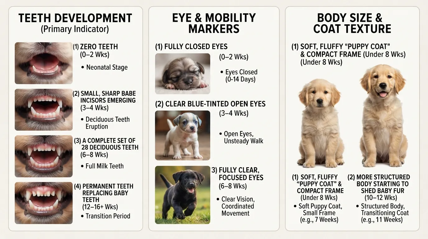 A step-by-step visual chart showing puppy teeth development and physical indicators to verify a puppy's real age from a breeder or shelter.