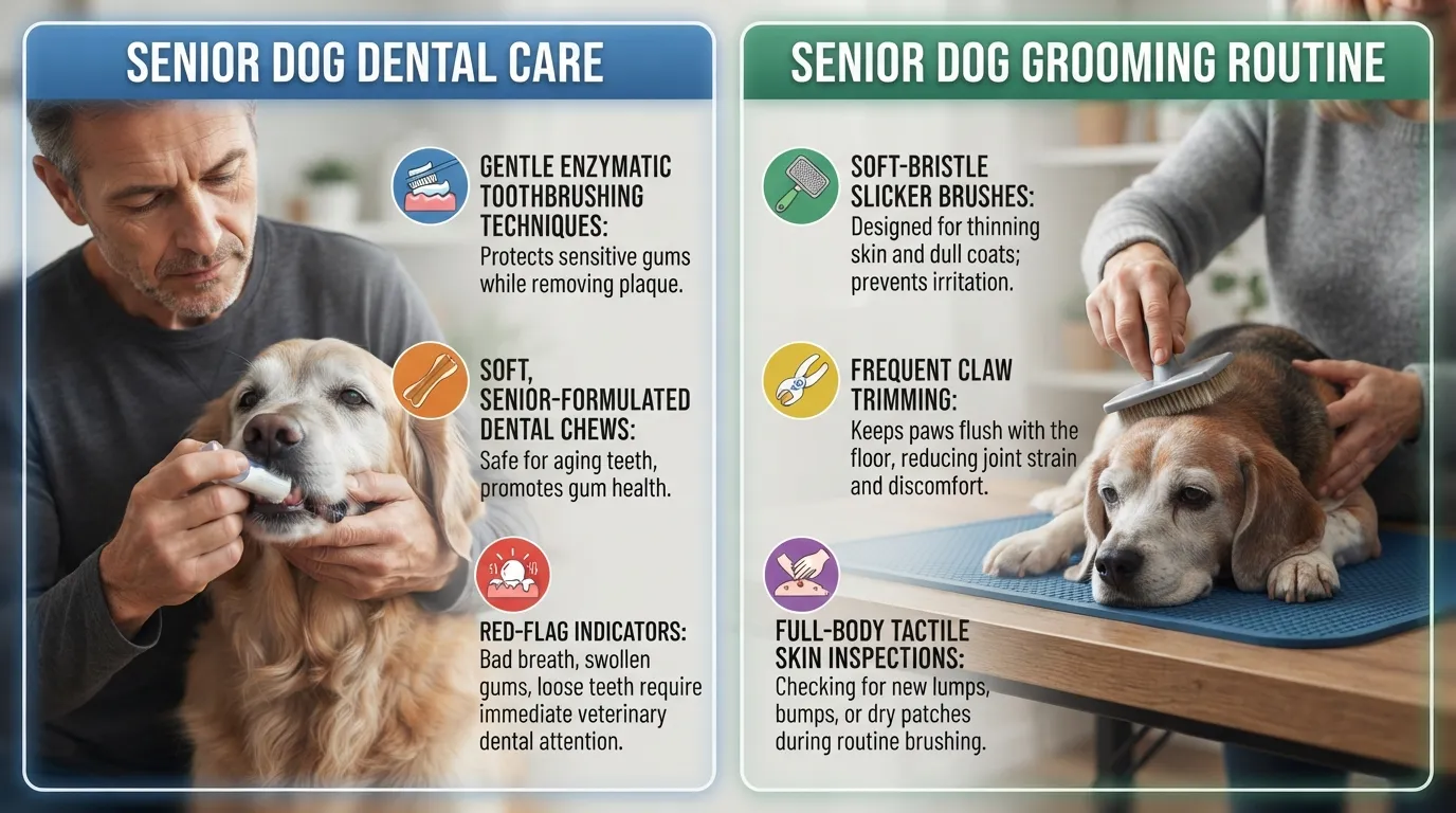 An instructional photo collage and visual guide demonstrating essential dental hygiene and grooming routines tailored for an aging dog, including soft brushing, dental chews, low-impact coats brushing, and claw care.