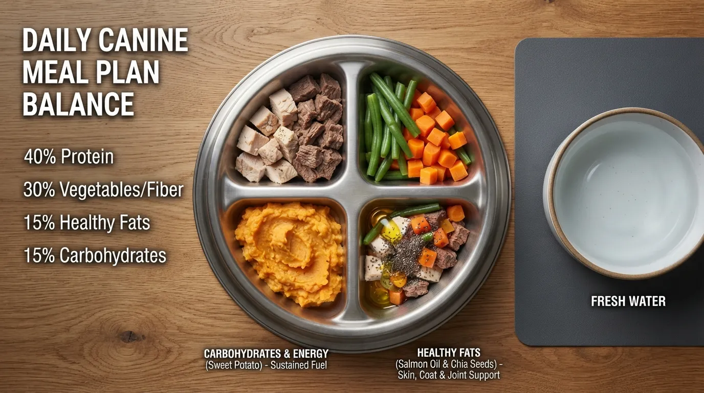 A healthy dog food bowl containing a balanced diet of lean proteins, fresh vegetables, essential omega oils, and complex carbohydrates.