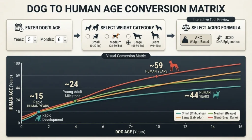 Infographic showing how to convert dog age to human years using weight classes and biological aging formulas.