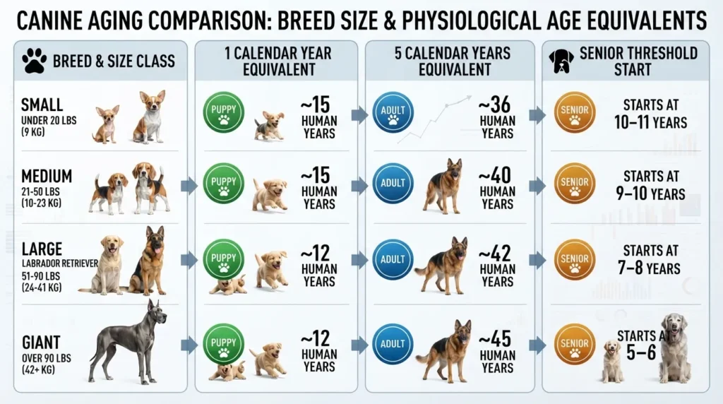 Comprehensive dog age comparison chart showing human year equivalents across popular breeds including Chihuahua, Labrador Retriever, German Shepherd, and Great Dane.
