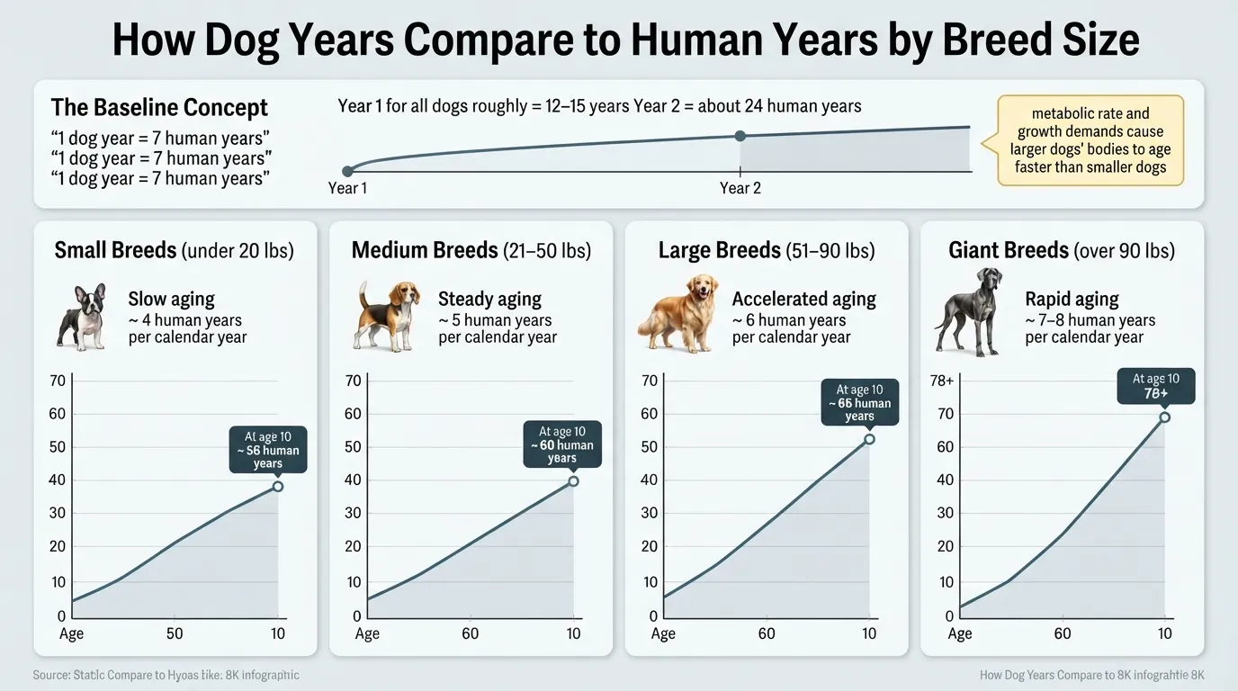 Infographic chart comparing dog years to human years for small, medium, large, and giant dog breeds based on age and body size.