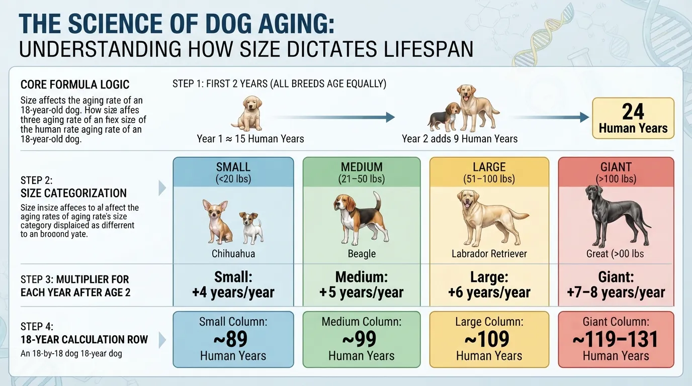 Step-by-step conversion chart showing how to calculate 18 dog years to human years manually for small, medium, large, and giant dog breeds.