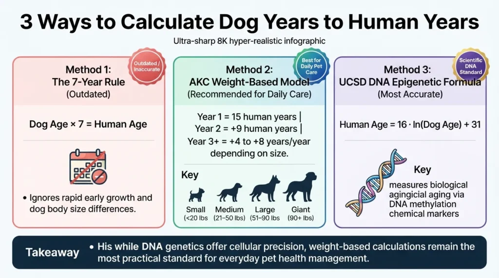 Comparison chart of 3 proven methods to calculate dog years to human years showing the 7-year rule, AKC weight-based tiers, and UCSD DNA methylation formula.