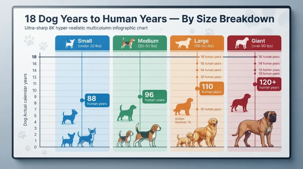 Infographic chart comparing 18 dog years to human years across small, medium, large, and giant breeds, highlighting average mutt lifespan.