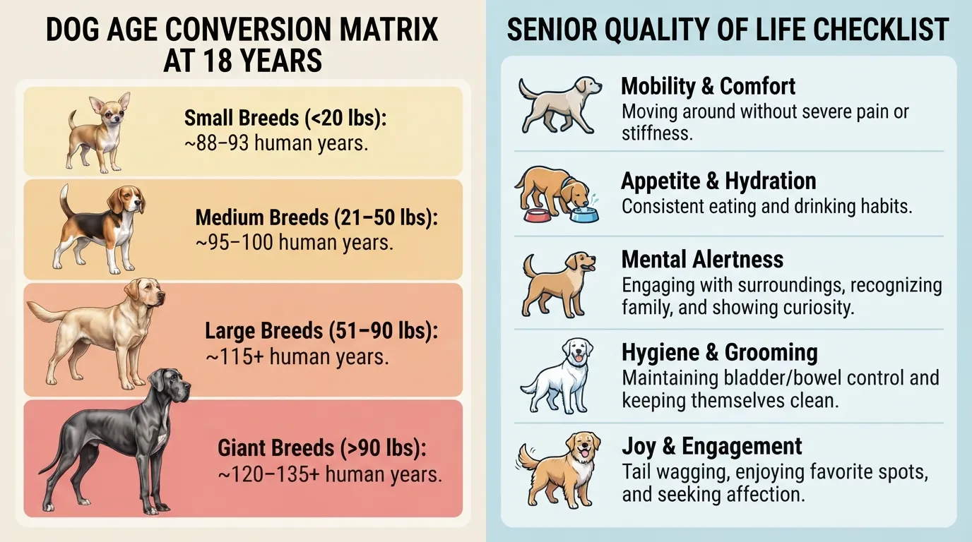 Comprehensive chart showing dog years to human years conversion across small, medium, large, and giant breed sizes, paired with key indicators of senior dog quality of life.
