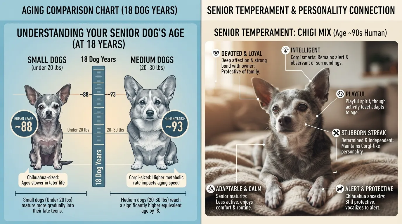 A visual comparison chart showing an 18-year-old Chihuahua Corgi mix's age in human years based on its small-to-medium body size, alongside key temperament and personality traits.