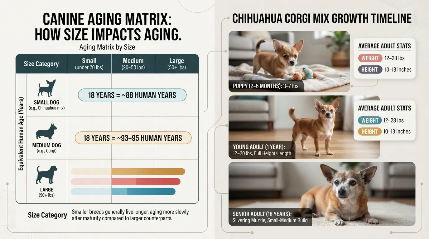 A detailed comparison chart showing dog years to human years calculated by body size, specifically highlighting a Chihuahua Corgi mix's growth and aging timeline from puppy to full adult.