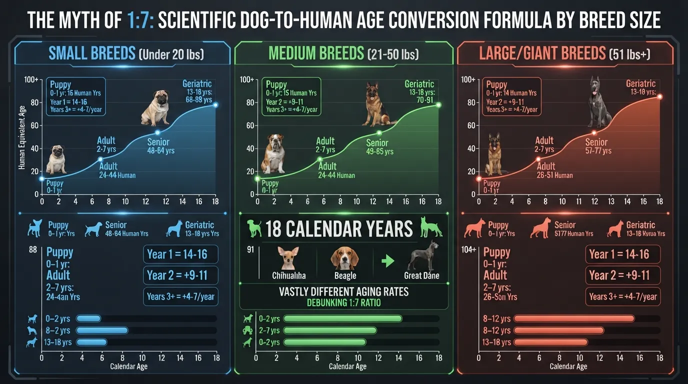 Infographic chart comparing dog years to human years based on small, medium, and large dog sizes showing age conversion rates.