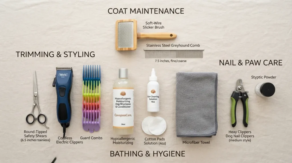 Flat lay display of essential DIY Cavapoo grooming tools including a slicker brush, metal comb, nail clippers, blunt-tip shears, and dog shampoo laid out on a table.