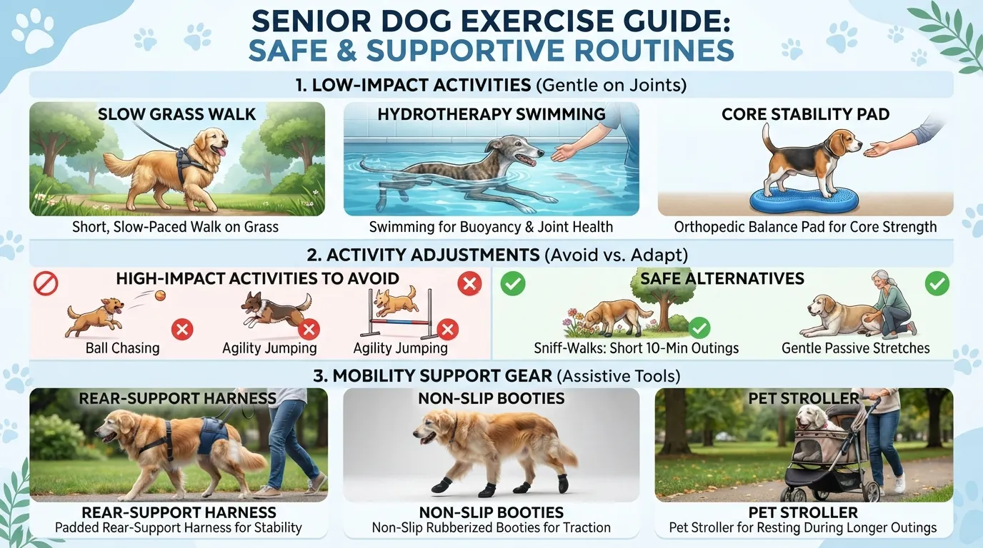 An infographic chart showing safe low-impact exercises for senior dogs, including short walks, hydrotherapy swimming, balance exercises, and tips for modifying activity as mobility declines.