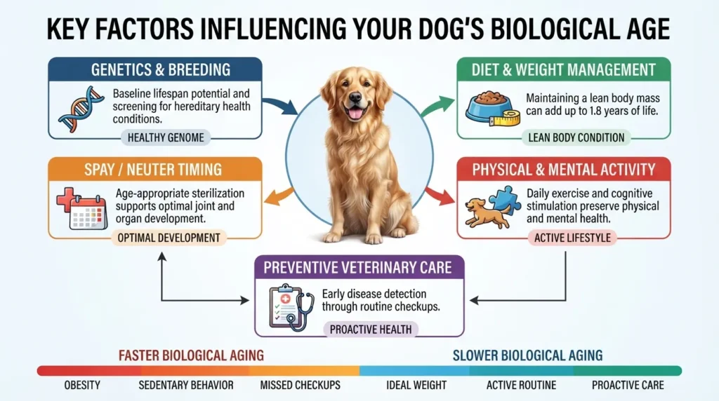 Infographic showing five key biological age factors for dogs including genetics, diet, spay or neuter timing, daily exercise, and regular vet checkups.